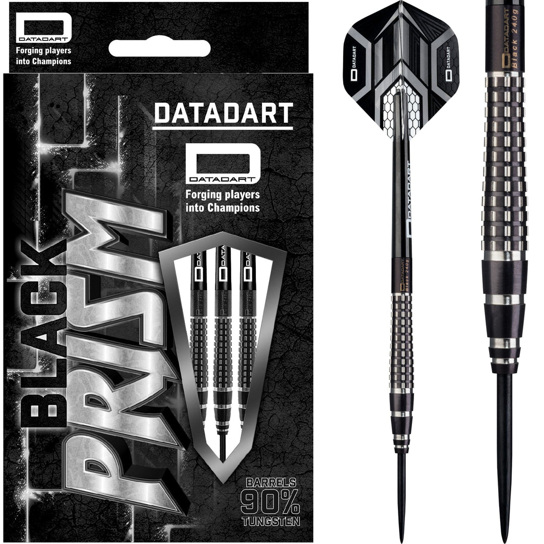 Datadart Black Prism Steel Tip Darts 90% Tungsten — dart, barrel detail and packaging