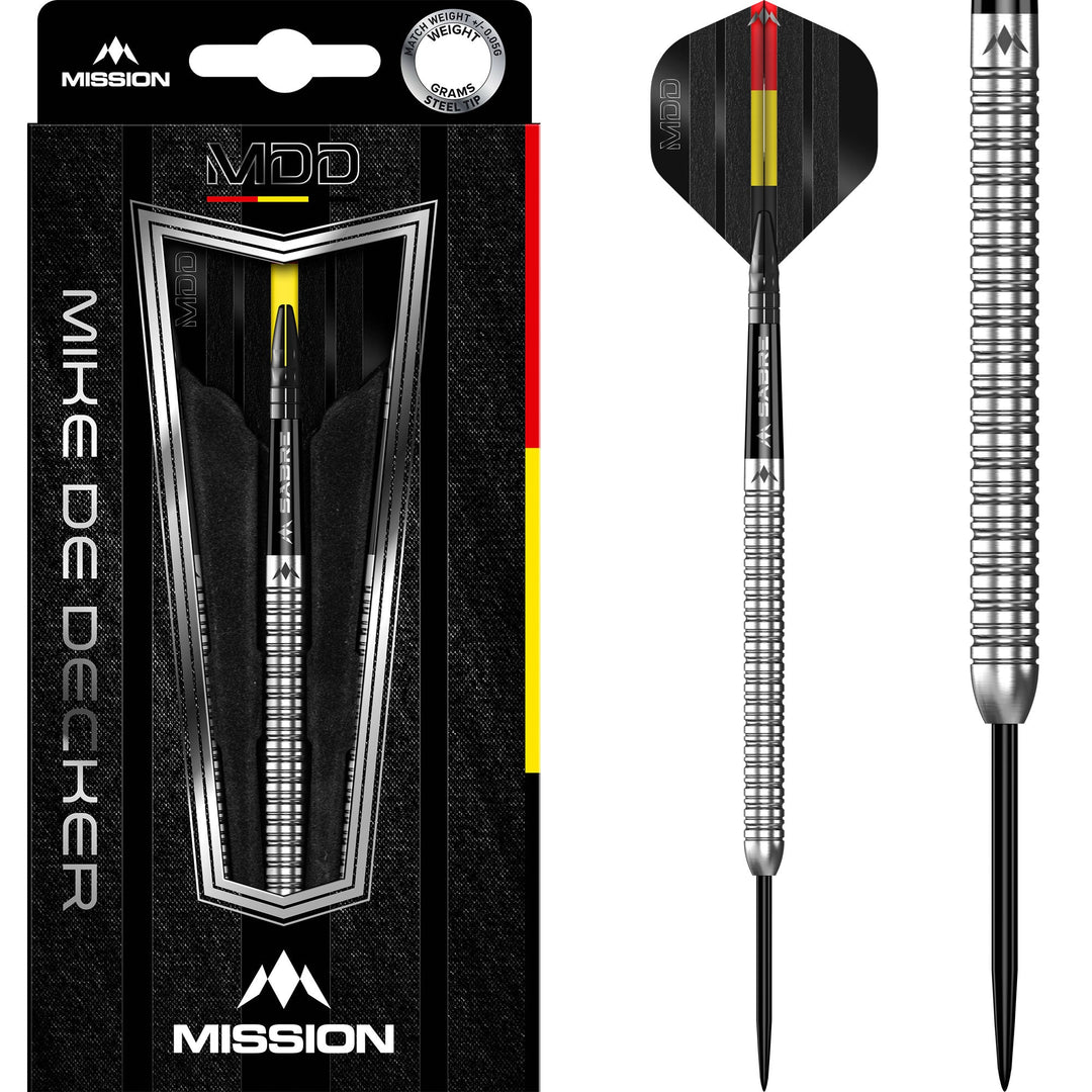 Mission Mike De Decker Steel Tip Darts 95% Tungsten — dart, barrel detail and packaging
