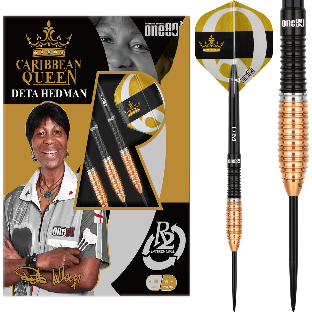 One80 Deta Hedman Steel Tip Darts 90% Tungsten — dart, barrel detail and packaging