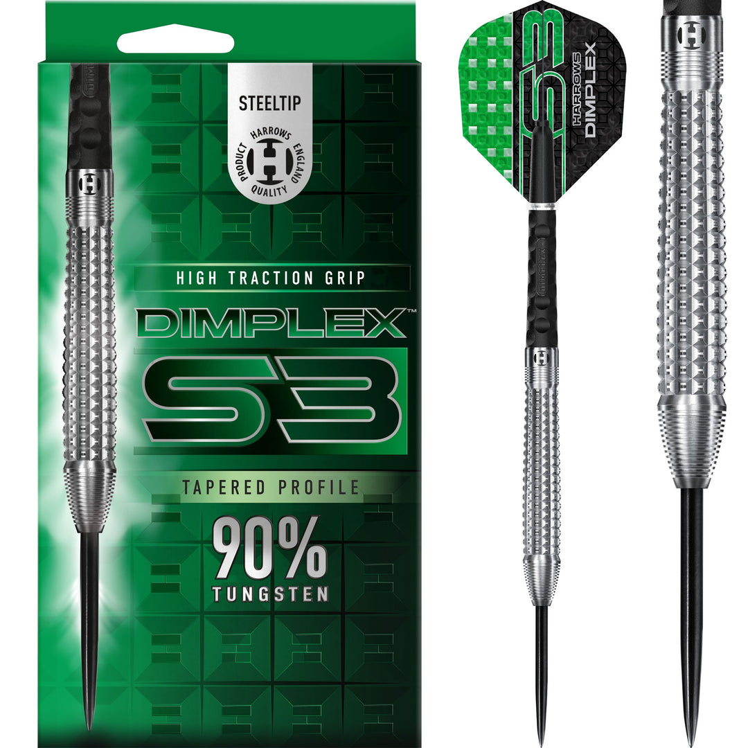 Harrows Dimplex S3 Steel Tip Darts 90% Tungsten — dart, barrel detail and packaging