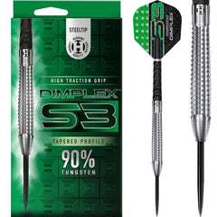 Harrows Dimplex S3 Steel Tip Darts 90% Tungsten — dart, barrel detail and packaging