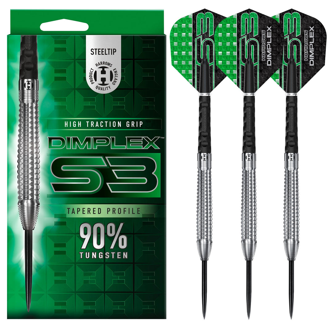 Harrows Dimplex S3 Steel Tip Darts 90% Tungsten — set contents and packaging