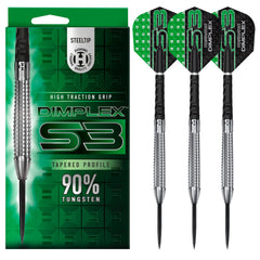 Harrows Dimplex S3 Steel Tip Darts 90% Tungsten — set contents and packaging