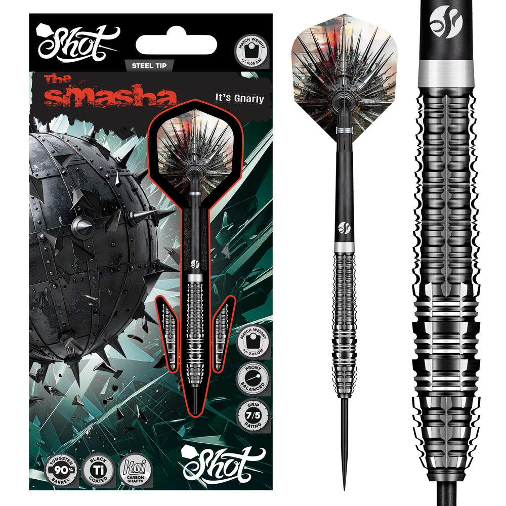 Shot Gnarly Smasha Steel Tip Darts 90% Tungsten — dart, barrel detail and packaging