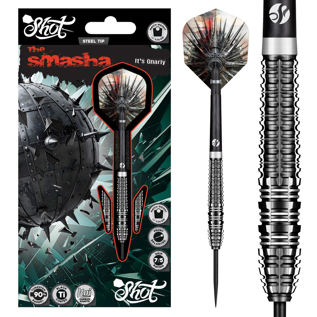 Shot Gnarly Smasha Steel Tip Darts 90% Tungsten — dart, barrel detail and packaging