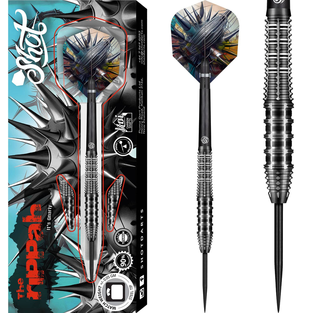 Shot Gnarley Rippah Steel Tip Darts 90% Tungsten — dart, barrel detail and packaging
