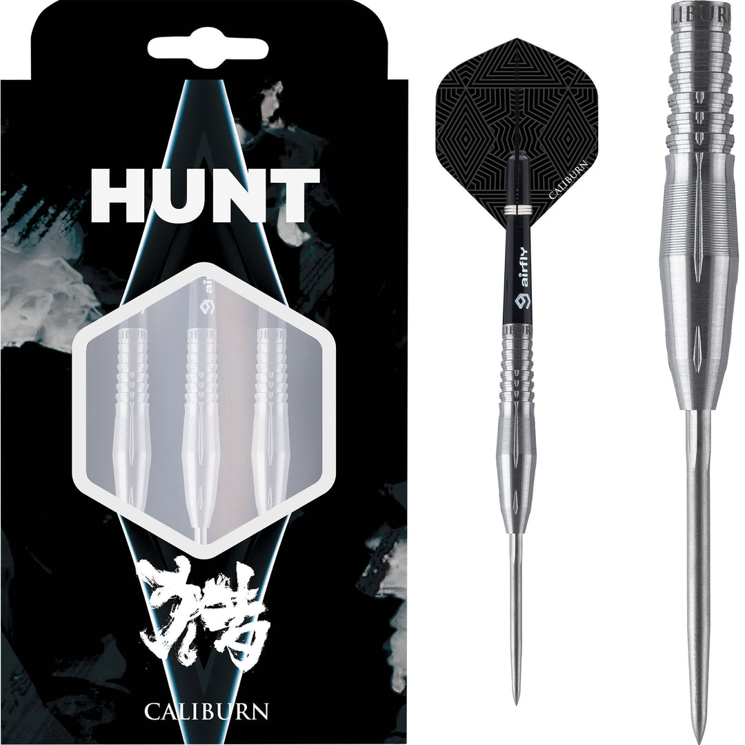 Caliburn Hunt H4 Steel Tip Darts 90% Tungsten — dart, barrel detail and packaging