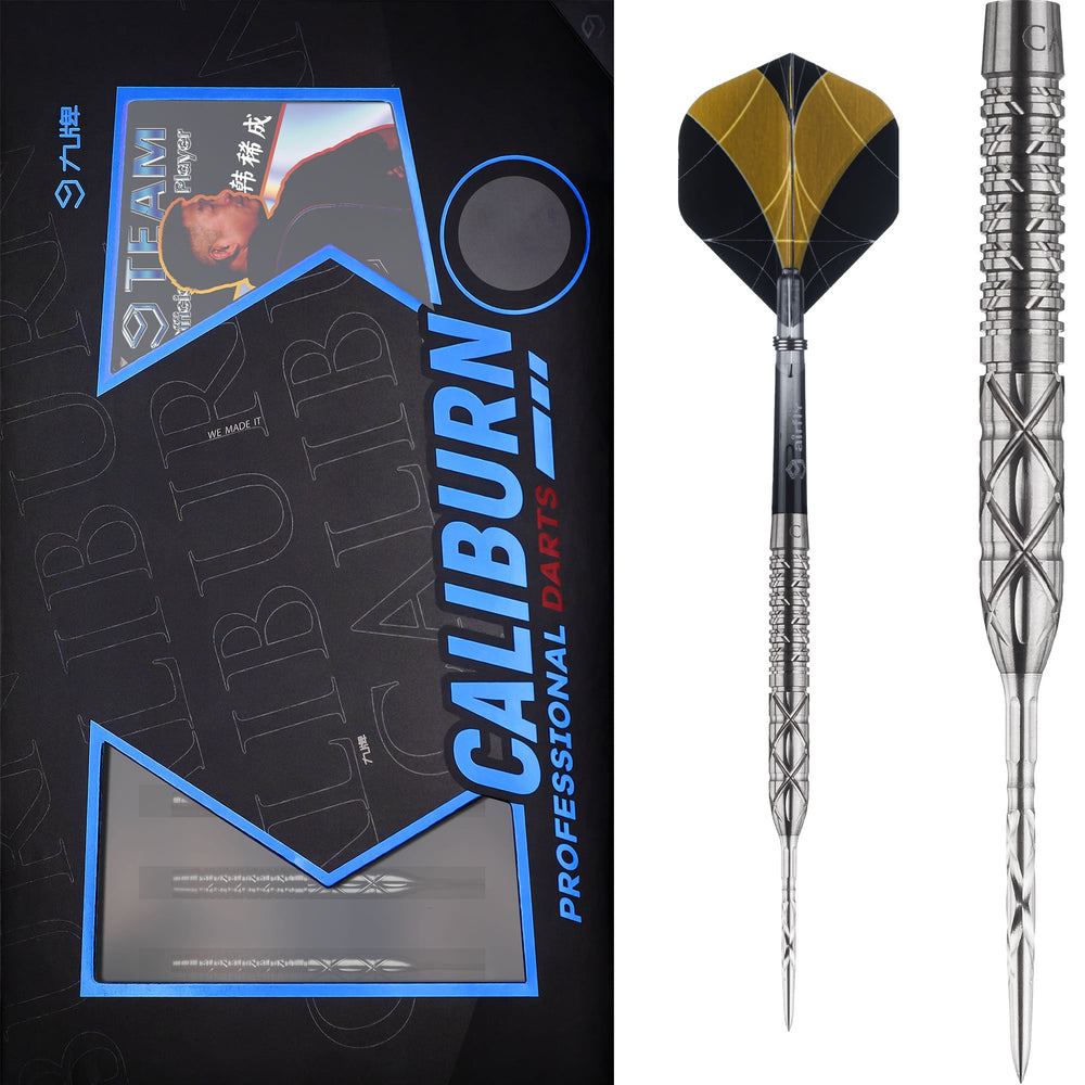 Caliburn Han G2 Steel Tip Darts 95% Tungsten — dart, barrel detail and packaging