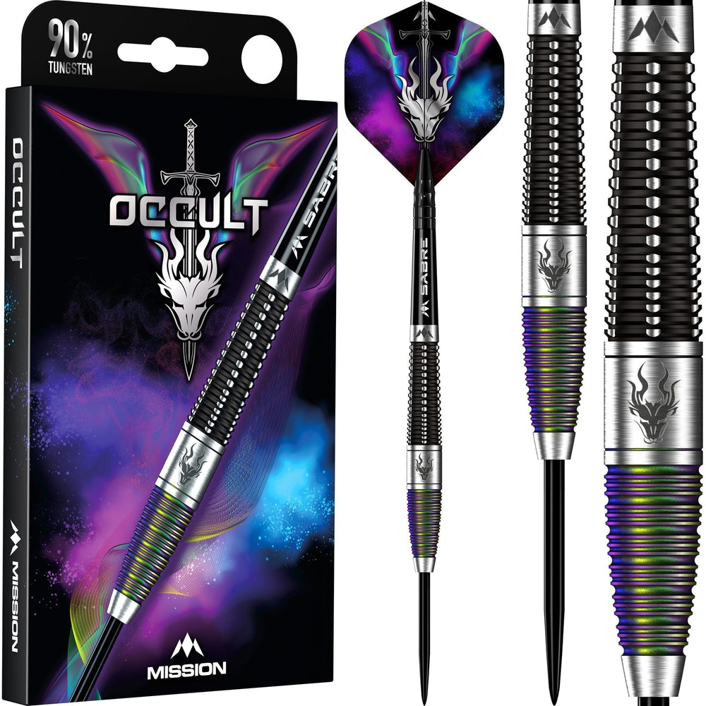 Mission Occult Steel Tip Darts 90% Tungsten — dart, barrel detail and packaging