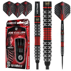 Winmau Joe Cullen Rockstar darts with barrel close-ups, flights and retail packaging