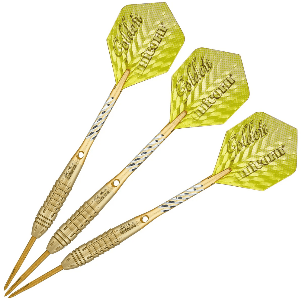 Unicorn John Lowe Phase 3 Steel Tip Darts 90% Tungsten — three assembled darts