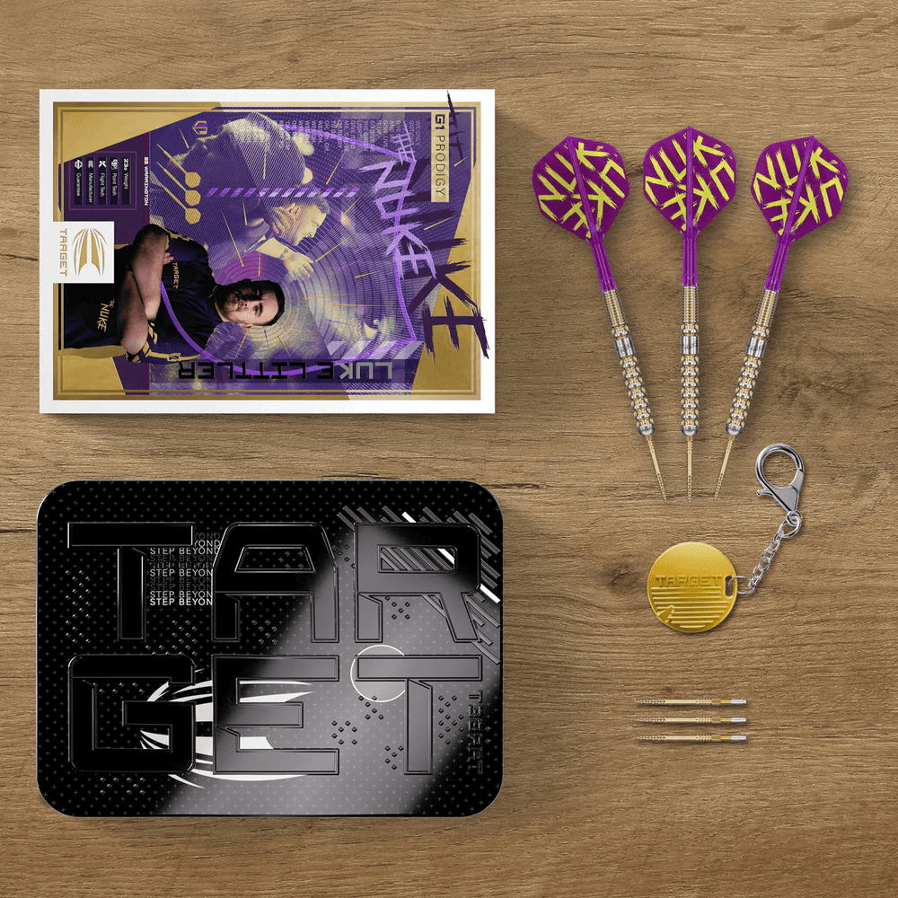 Target Luke Littler G1 Prodigy Steel Tip Darts 90% Tungsten — set contents and packaging