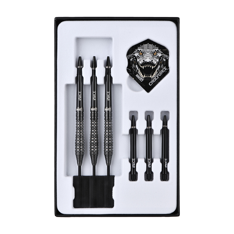 One80 Crocforce CF3 Steel Tip Darts 90% Tungsten — darts and accessories in the display tray
