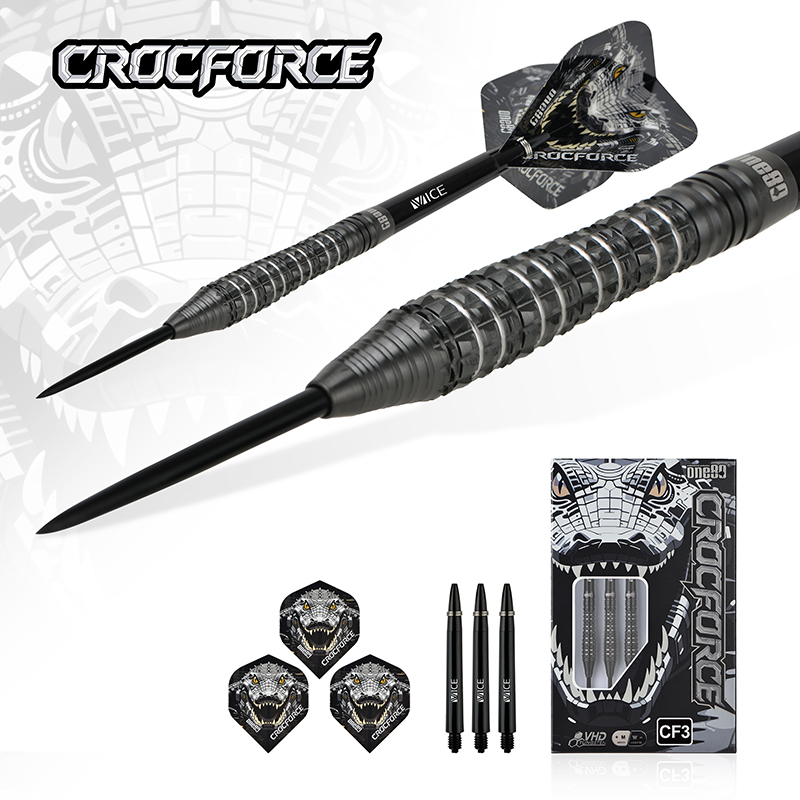 One80 Crocforce CF3 Steel Tip Darts 90% Tungsten — set contents and packaging