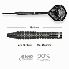 One80 Crocforce CF3 Steel Tip Darts 90% Tungsten — dart and barrel dimensions chart