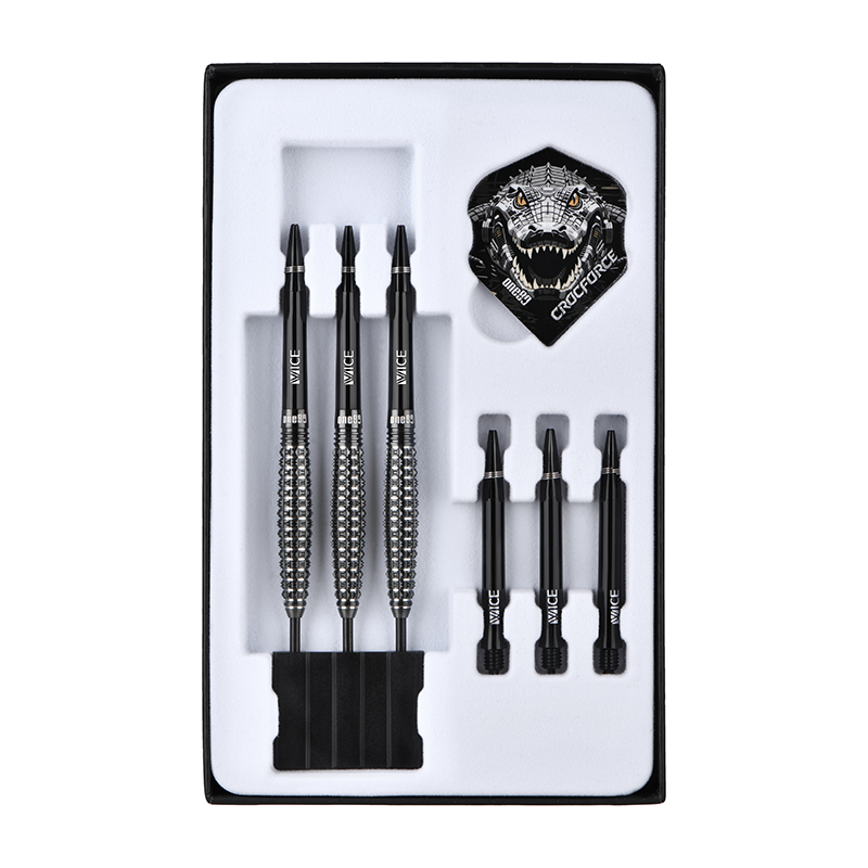 One80 Crocforce CF4 Steel Tip Darts 90% Tungsten — darts and accessories in the display tray