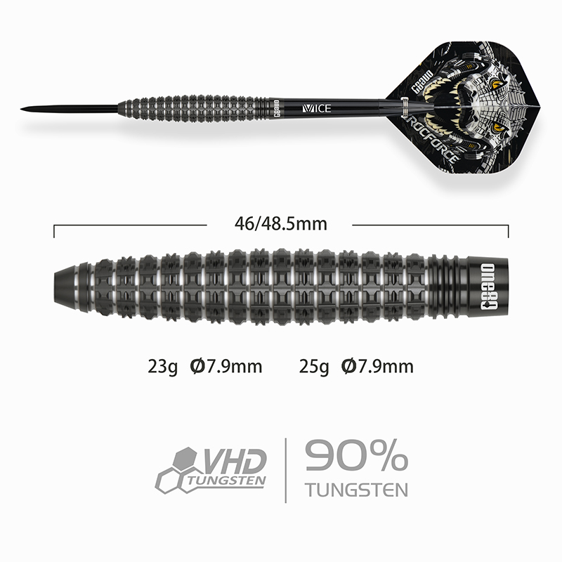 One80 Crocforce CF4 Steel Tip Darts 90% Tungsten — dart and barrel dimensions chart