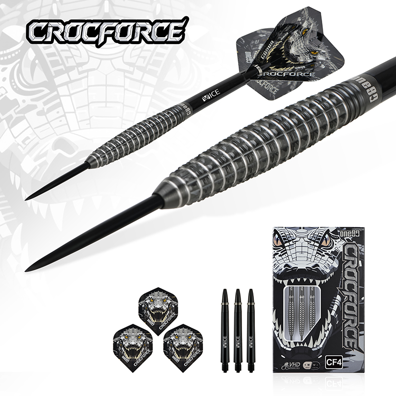 One80 Crocforce CF4 Steel Tip Darts 90% Tungsten — set contents and packaging