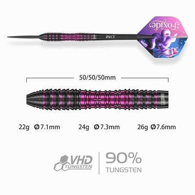 One80 Foxide F3 Steel Tip Darts 90% Tungsten — dart and barrel dimensions chart