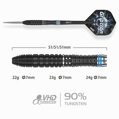 One80 Griptron GT2 Steel Tip Darts 90% Tungsten — dart and barrel dimensions chart