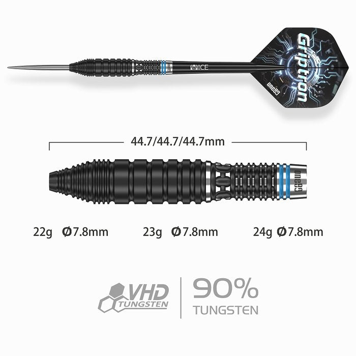 One80 Griptron GT3 90% tungsten steel tip darts — dart and barrel dimensions chart