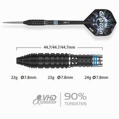 One80 Griptron GT3 90% tungsten steel tip darts — dart and barrel dimensions chart