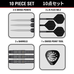 Target Japan Black Marque Creed Steel Tip Darts 90% Tungsten — set contents diagram