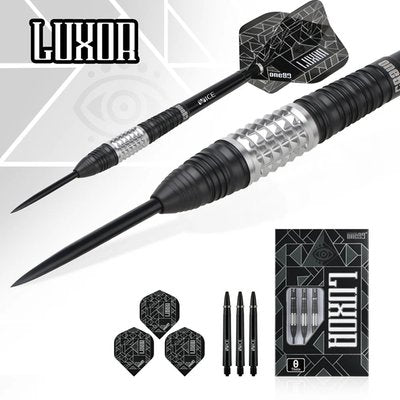 One80 Luxor II Theta Steel Tip Darts 90% Tungsten — set contents and packaging