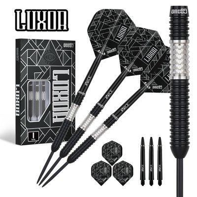 One80 Luxor II Iota Steel Tip Darts 90% Tungsten — dart, barrel detail and packaging