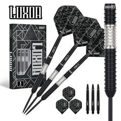 One80 Luxor II Iota Steel Tip Darts 90% Tungsten — dart, barrel detail and packaging