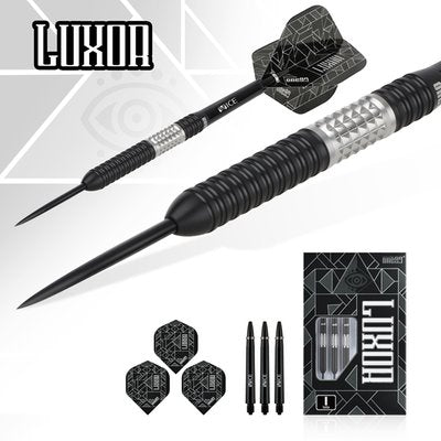 One80 Luxor II Iota Steel Tip Darts 90% Tungsten — set contents and packaging