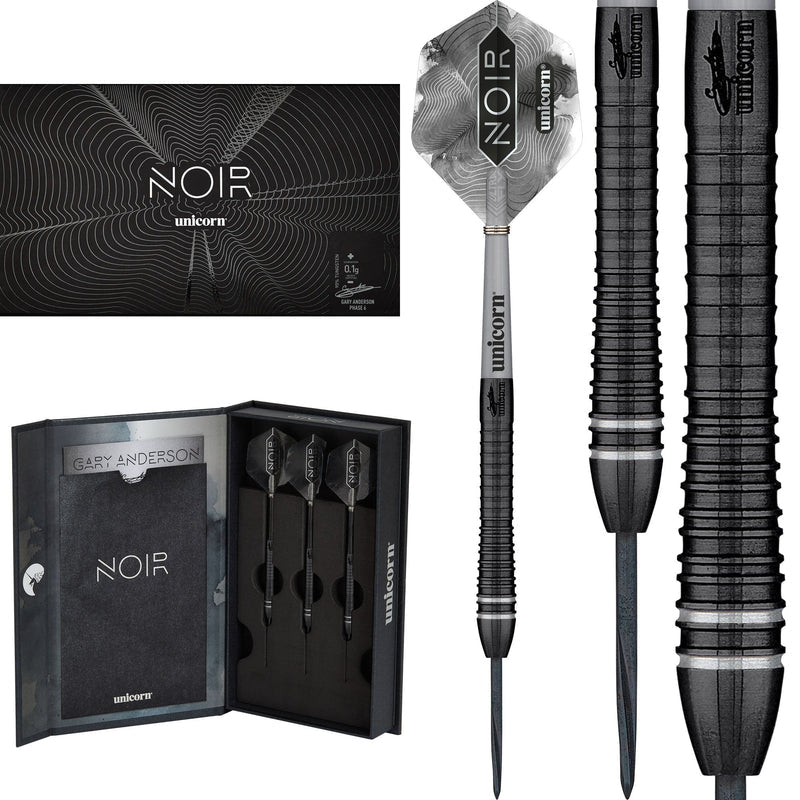 Unicorn Gary Anderson Noir Phase 6 90% Tungsten darts — dart, barrel detail and packaging