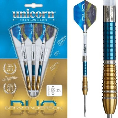 Unicorn Gary Anderson Phase 6 Duo Steel Tip Darts 90% Tungsten — dart, barrel detail and packaging
