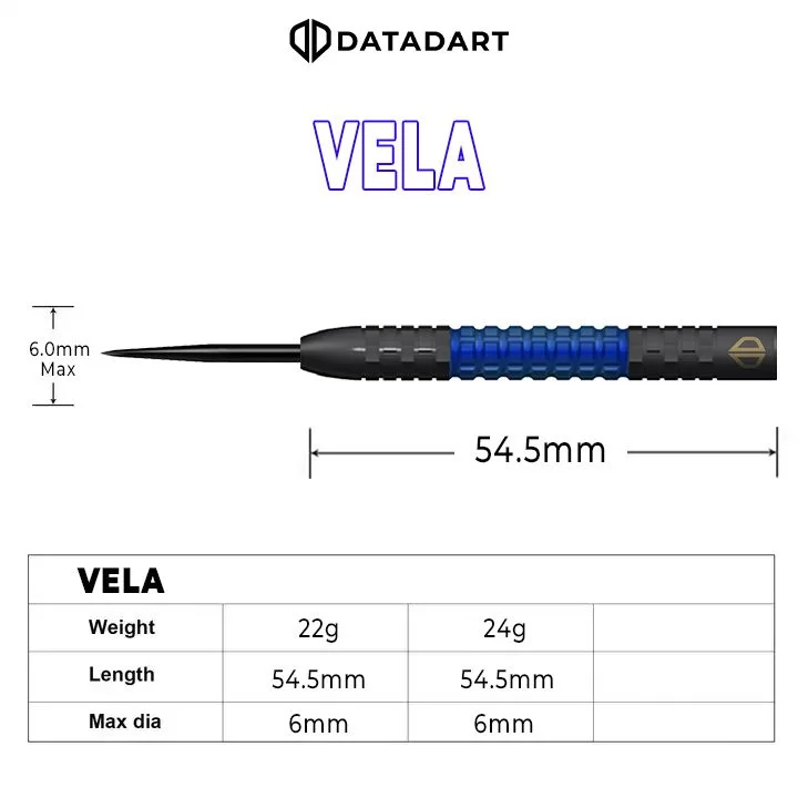 Datadart Vela Steel Tip Darts 90% Tungsten — barrel dimensions diagram