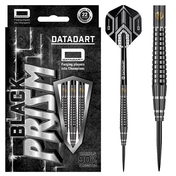 Datadart Black Prism Steel Tip Darts 90% Tungsten — dart, barrel detail and packaging