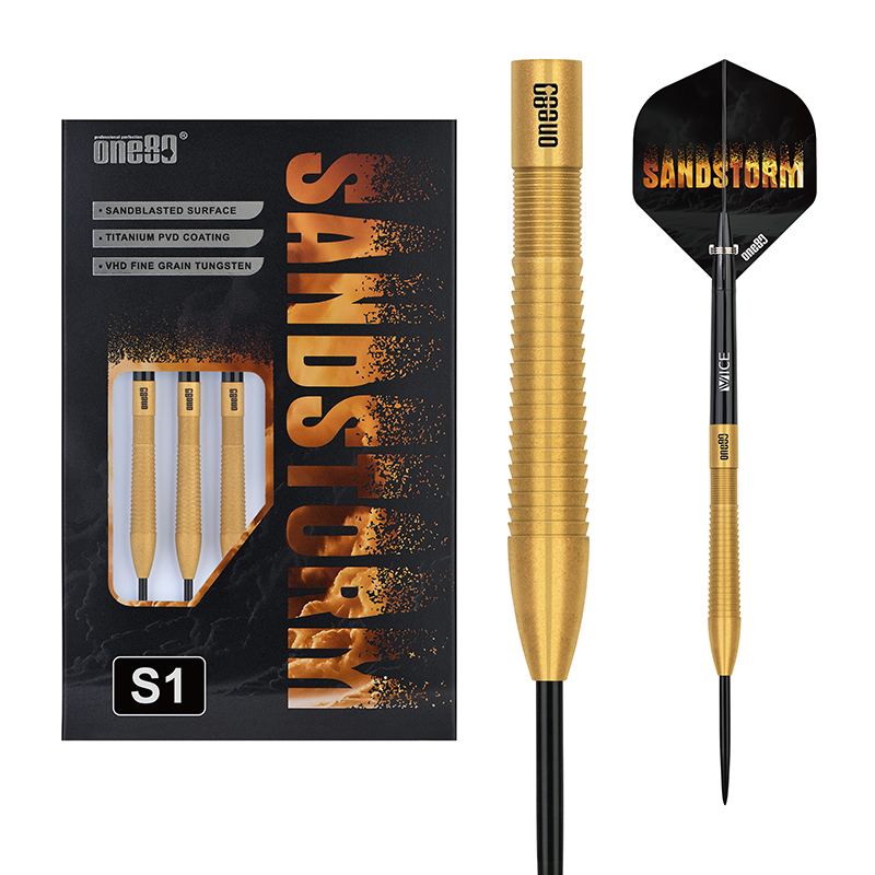 One80 Sandstorm S1 Steel Tip Darts 90% Tungsten — dart, barrel detail and packaging