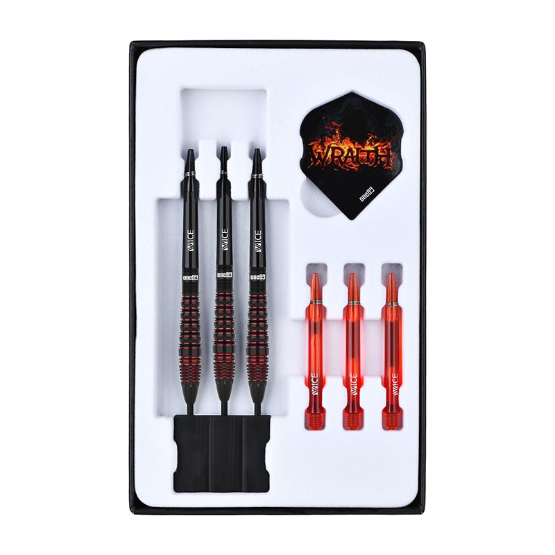 One80 Wraith W4 Steel Tip Darts 90% Tungsten — darts and accessories in the display tray