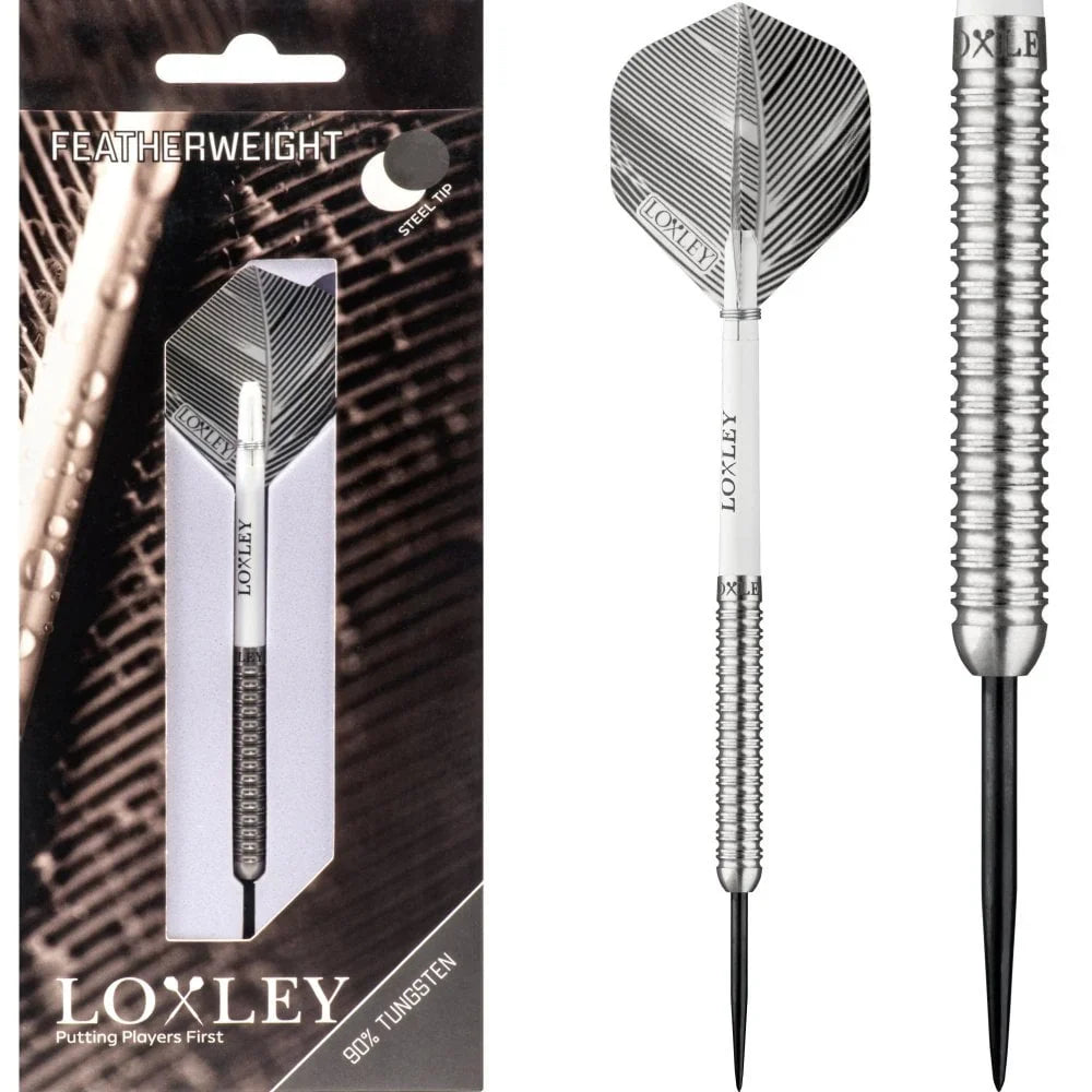 Loxley Featherweight Black Steel Tip Darts 90% Tungsten — dart, barrel detail and packaging