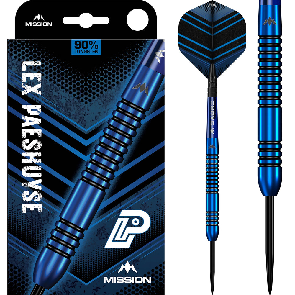 Mission Lex Paeshuyse Steel Tip Darts 90% Tungsten — dart, barrel detail and packaging