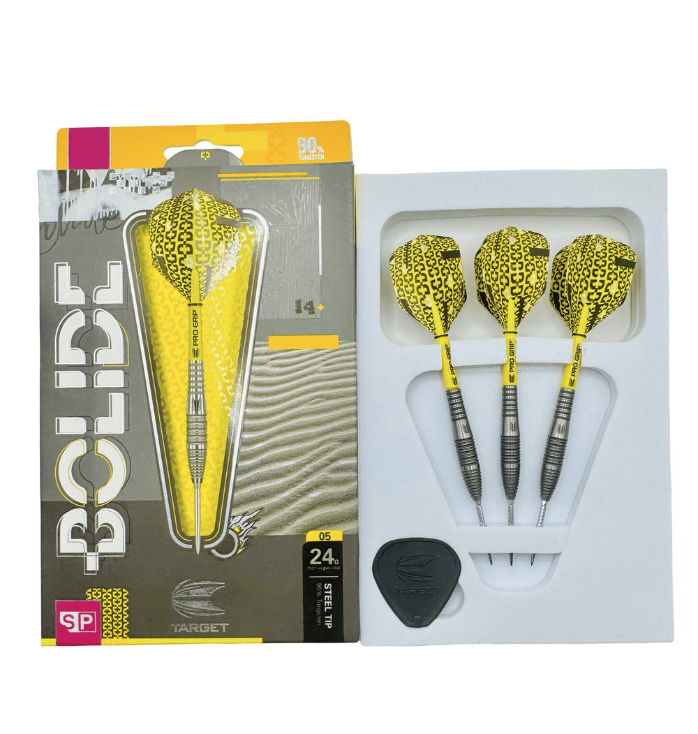 Used Target Bolide Model 05 SP 90% Tungsten 24g — darts and accessories in the display tray