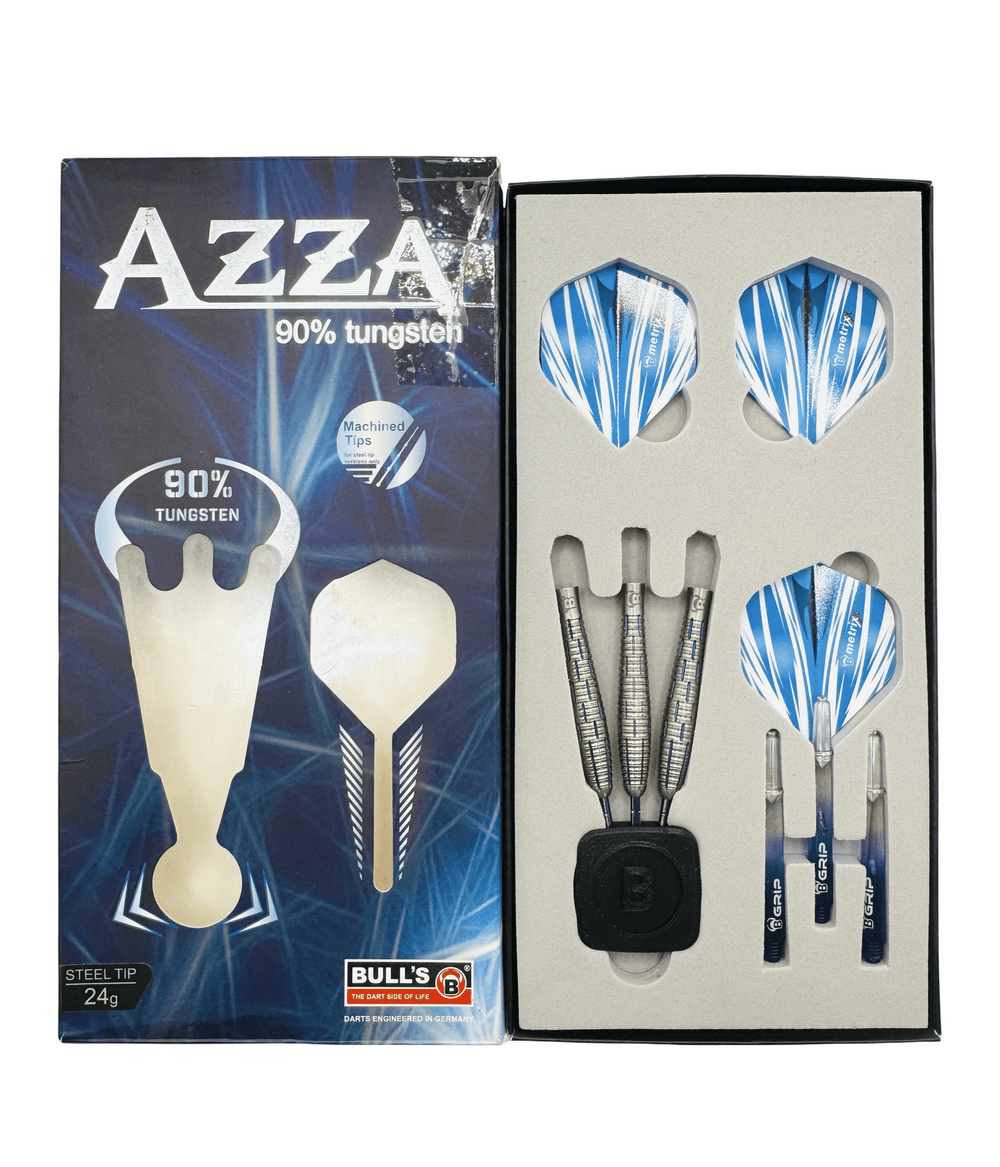 Used Bulls Azza 90% Tungsten 24g — open presentation box with darts