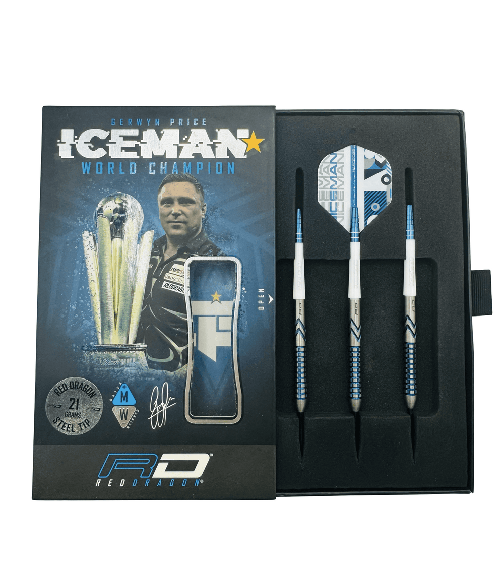 Used Red Dragon Gerwyn Price Contour 90% Tungsten 21g darts — open presentation box with darts