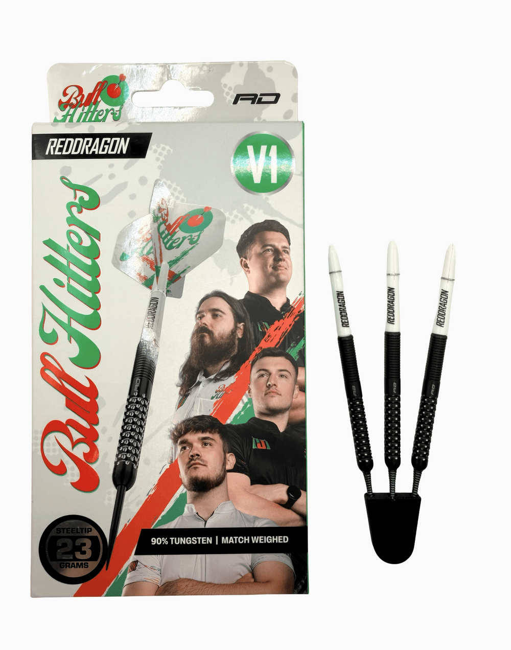 Used Red Dragon Bull Hitters V1 Black PVD Storm Point 90% Tungsten 23g darts — barrels and packaging