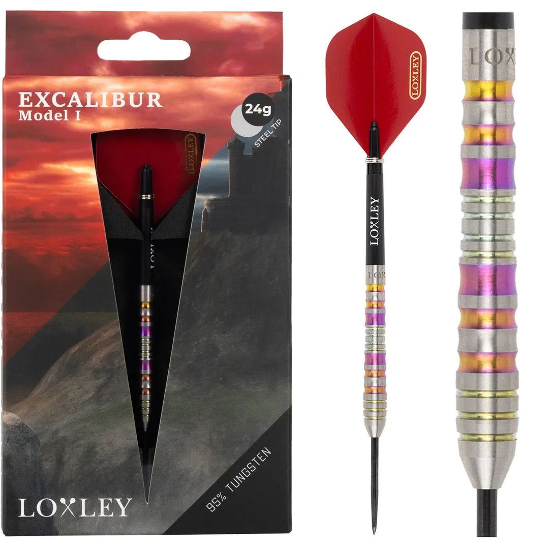 Loxley Excalibur Steel Tip Darts 95% Tungsten — dart, barrel detail and packaging