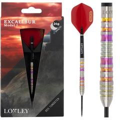 Loxley Excalibur Steel Tip Darts 95% Tungsten — dart, barrel detail and packaging