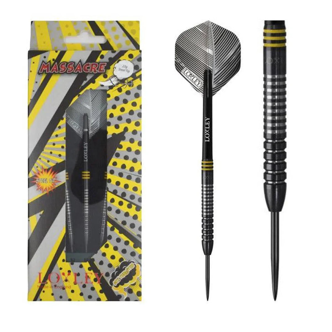 Loxley Massacre Steel Tip Darts 90% Tungsten — dart, barrel detail and packaging