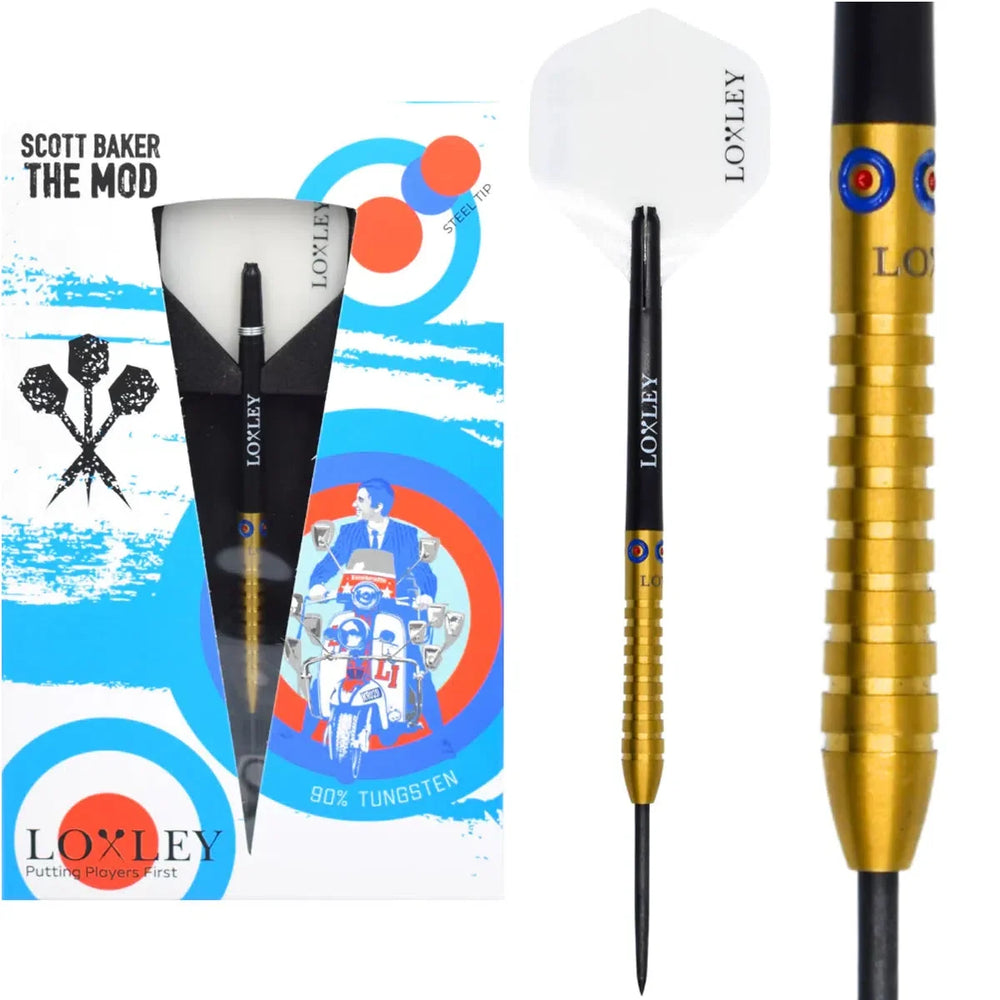 Loxley Scott Baker Steel Tip Darts 90% Tungsten — dart, barrel detail and packaging