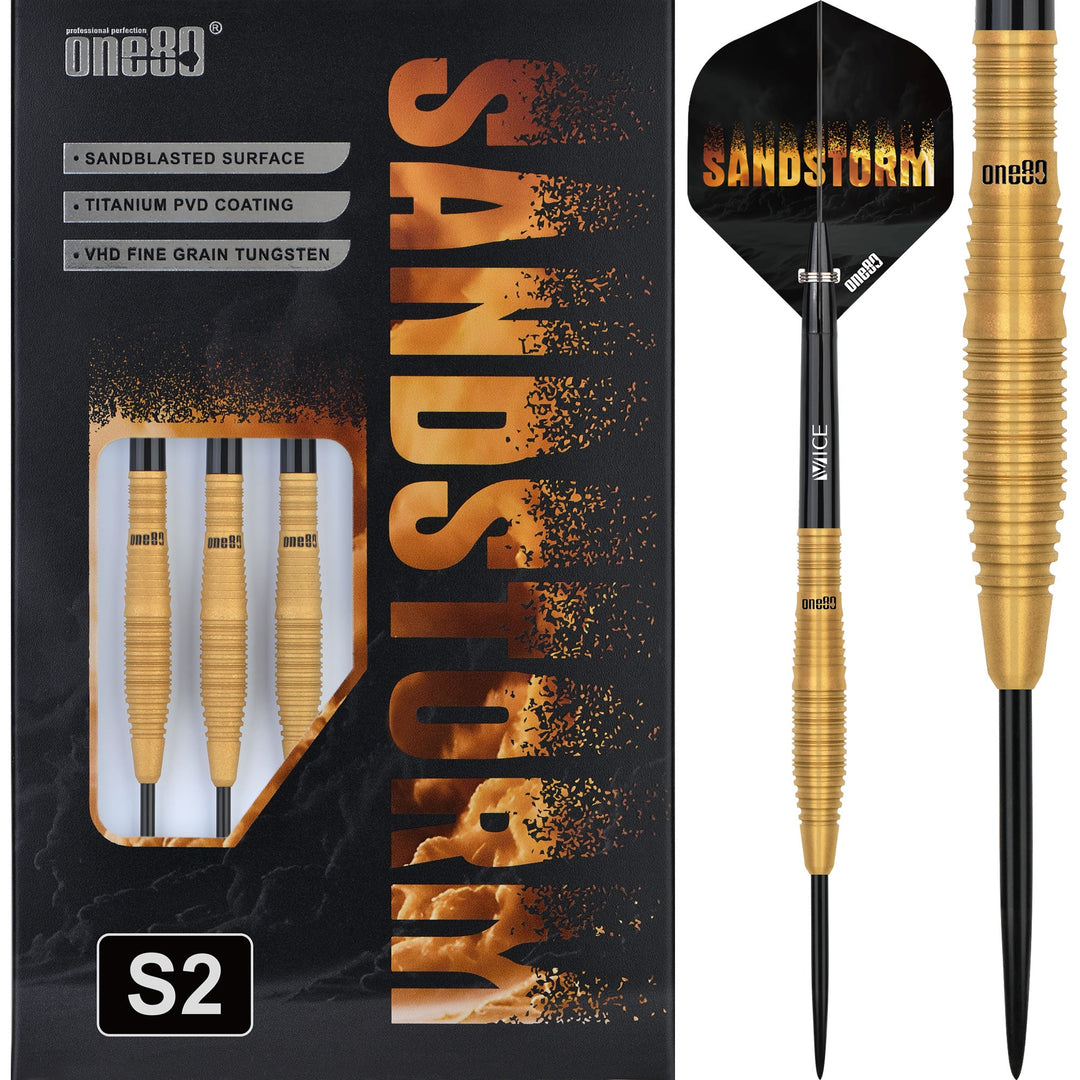 One80 Sandstorm S2 Steel Tip Darts 90% Tungsten — dart, barrel detail and packaging