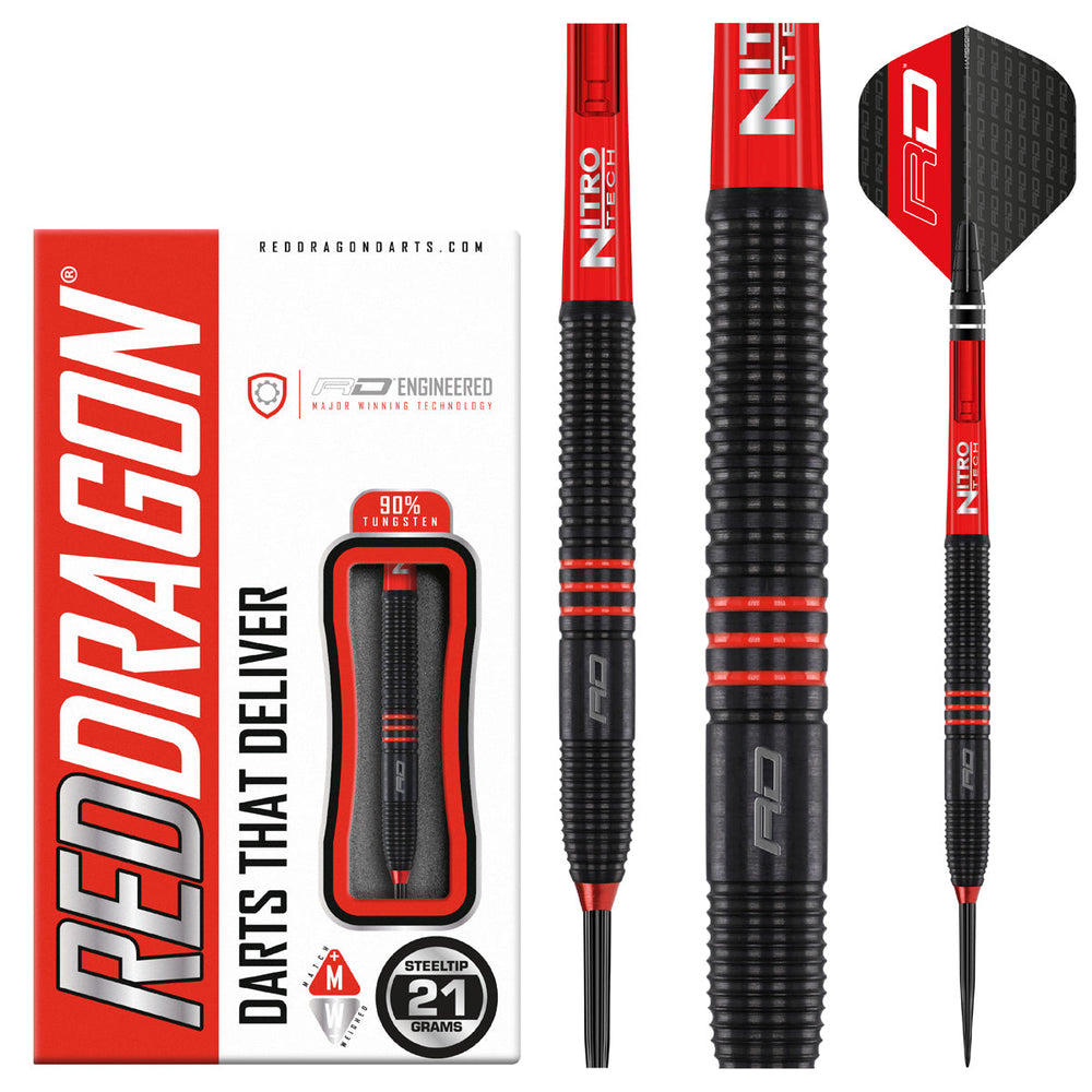 Red Dragon Milano RS Steel Tip Darts 90% Tungsten — dart, barrel detail and packaging