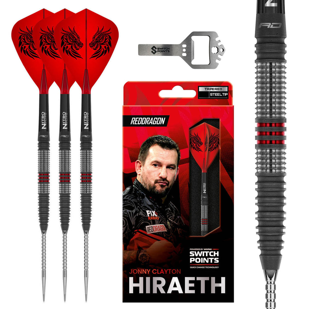 Red Dragon Jonny Clayton Hiraeth Steel Tip Darts 90% Tungsten — set contents and packaging